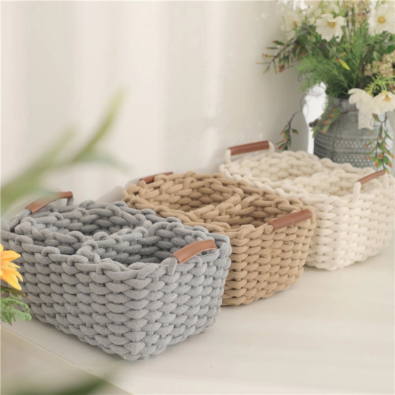 Cotton Rope Woven Storage Basket with Handle for Cosmetics and Desktop Organization | Home Storage & Organization