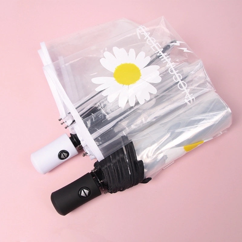 Small Daisy Automatic Folding Umbrella White Transparent Japanese Student Rain Sun Umbrella | Umbrellas & Rain Gear