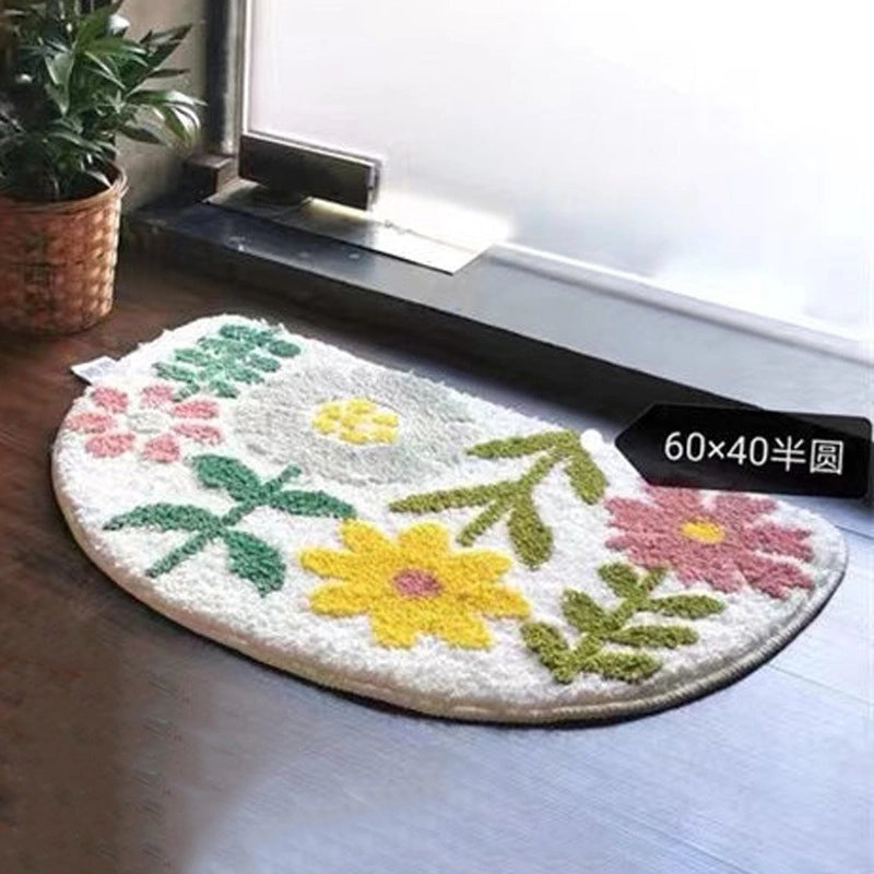 Floral Non-slip Semicircle Bathroom Floor Mat Absorbent Stain-resistant Cashmere Carpet|Home & Living