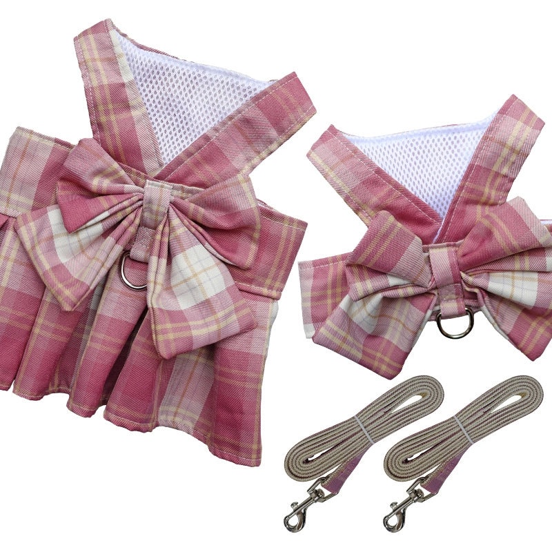 Plaid JK Skirt Pet Leash with Chest Strap Dog Cat Walking Harness and Teddy Hair Accessories|Pet Supplies