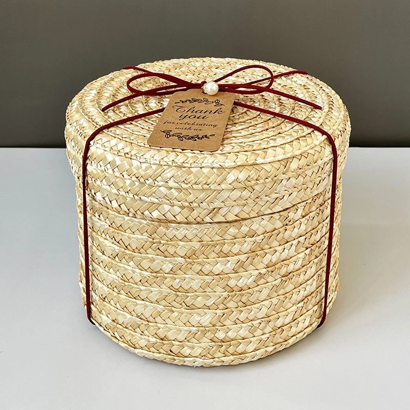 Handmade Round Straw Box with Lid | Rattan Gift Box for Wedding, Storage, Baking | Woven Hug Bucket | Home Decor Accessories|Storage Containers