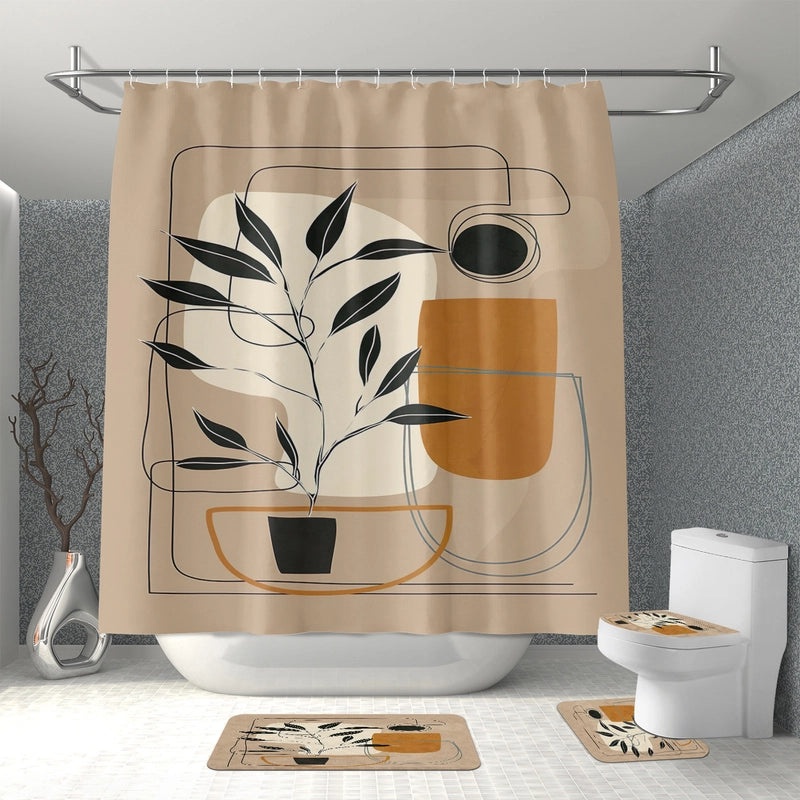 Minimalist Color Block Polyester Shower Curtain with Plant Design|Home Decor & Bath Accessories