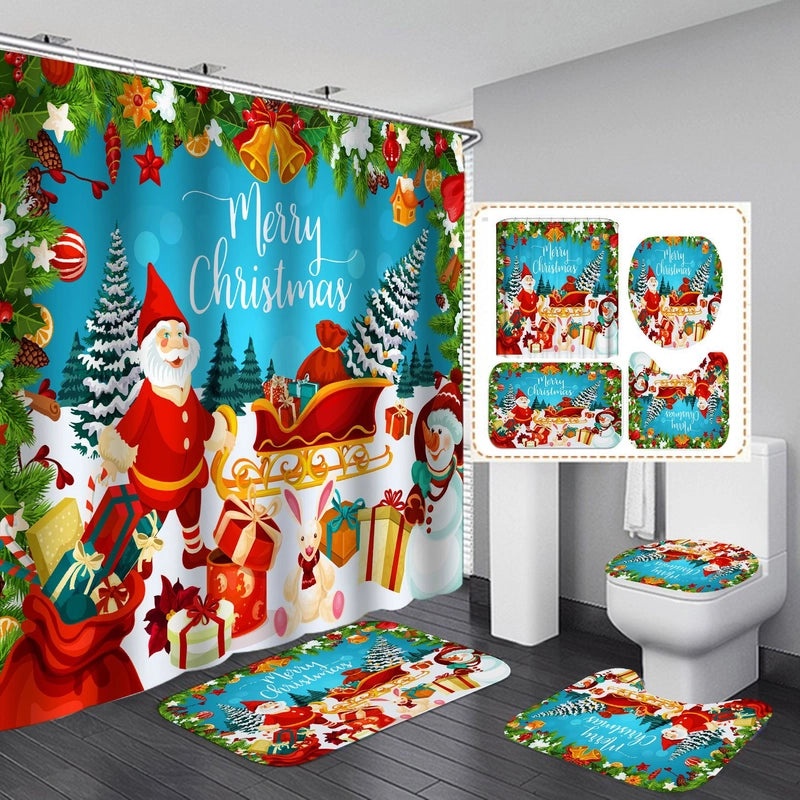 Cute Christmas House Shower Curtain with Santa Claus and Snowman Design|Home Decor & Bath Accessories