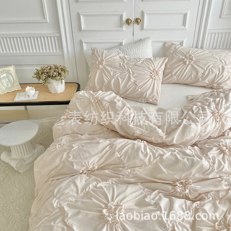 Vintage Style 3D Quilted Bedding Set with Pillowcases Plain Pulled Flower Design|Home Textiles & Bedding