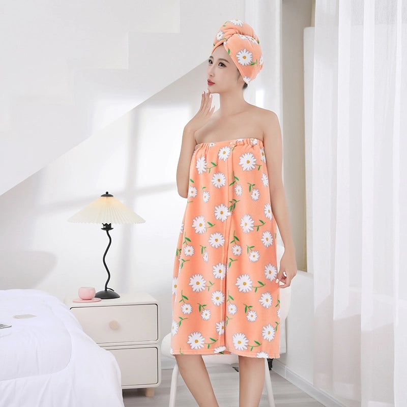Cute Daisy Print Shower Cap Soft Polyester Cotton Bathrobe and Towels Set|Bath & Body Accessories