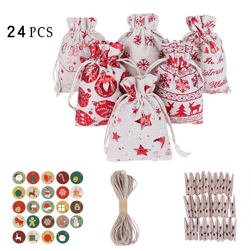 Christmas Linen Gift Bags 24 Sets with Countdown Number Pockets | Christmas Decorations