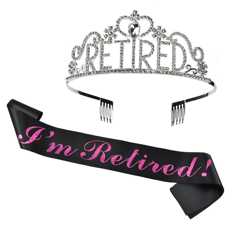 Retirement Party Hair Band and Shoulder Strap Set Pink I'm Retired Etiquette Belt with Retirement Crown|Party Accessories