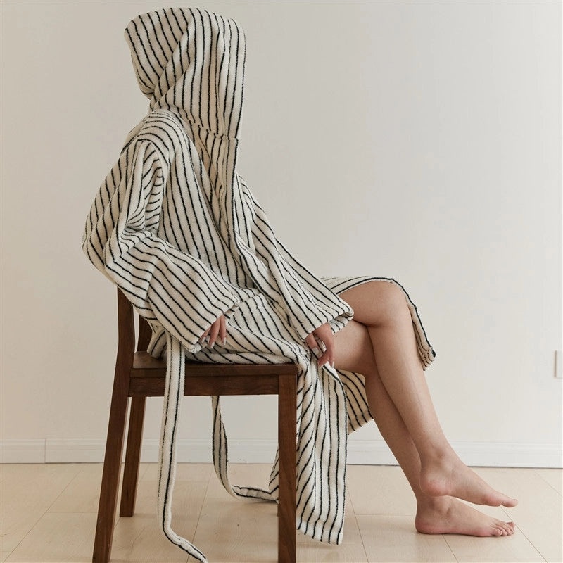 Simple Pinstripe Hooded Bathrobe for Adults Couples Comfortable Home and Hotel Wear|Bathrobes & Loungewear