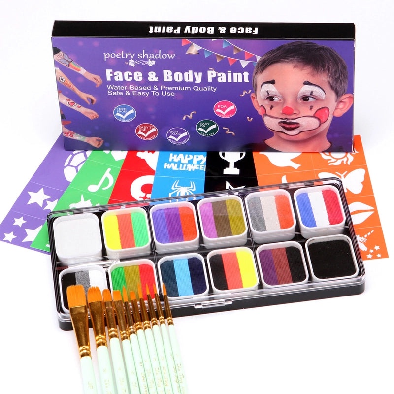 12-Color Face Paint Set for Kids Water-Soluble Safe Halloween Body Makeup|Children's Face Paint & Body Art