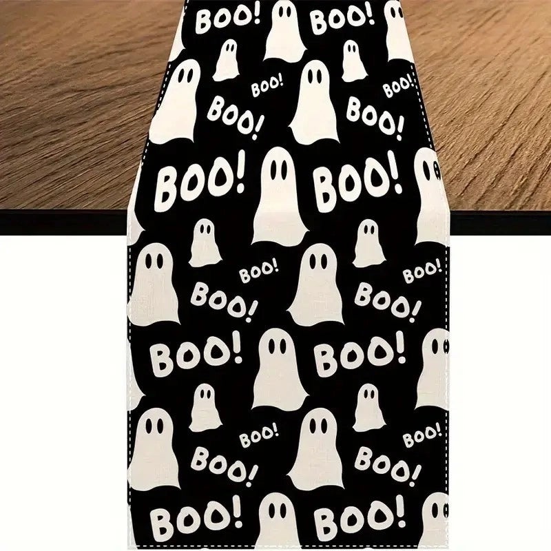 Halloween Linen Table Runner with Minimalist Pumpkin and Letter Ghost Design|Home Decor Table Linens