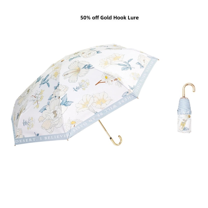 Ultra-Light Small Gold Hook Foldable Sun Umbrella 50% UV and Rain Protection Compact Women’s Parasol|Sun Umbrellas & Parasols