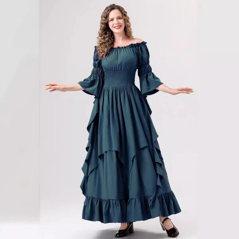 Halloween Medieval Renaissance Dress with Square Collar and Cinched Waist | Women's Vintage Costume & Stage Wear