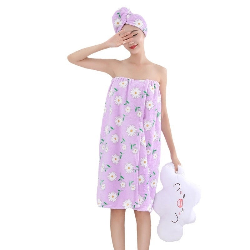 Cute Daisy Print Shower Cap Soft Polyester Cotton Bathrobe and Towels Set|Bath & Body Accessories