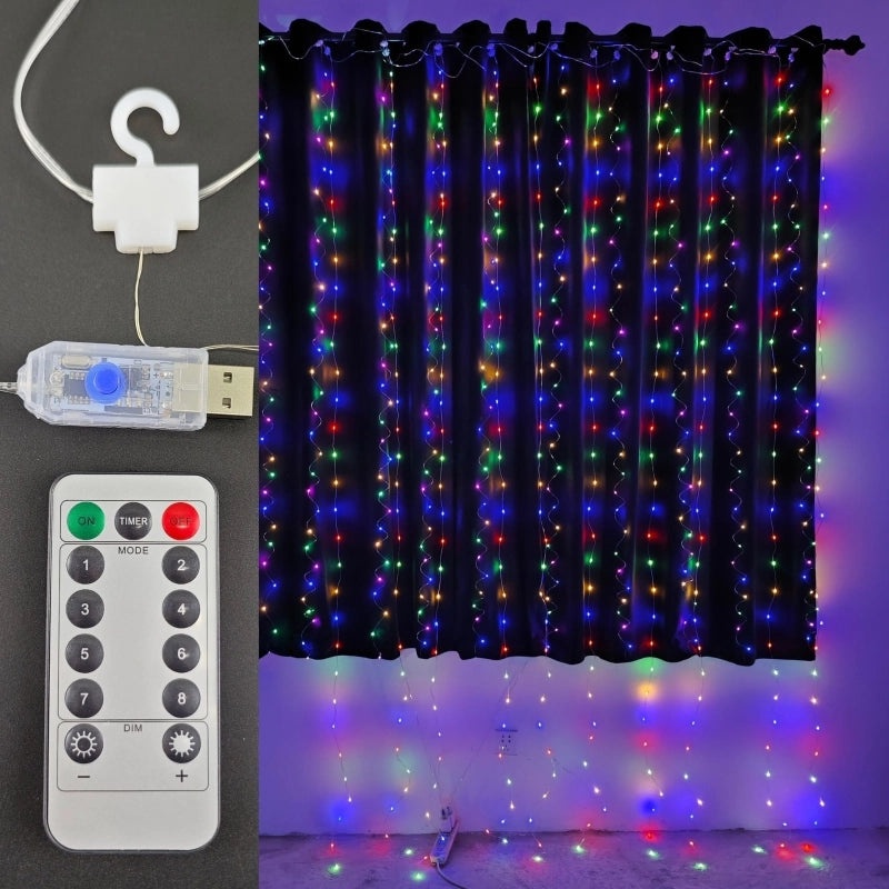 USB LED Copper Wire String Lights with Leather Cord 3x3 Curtain Lamp Remote Control Hook | Home & Garden Lighting
