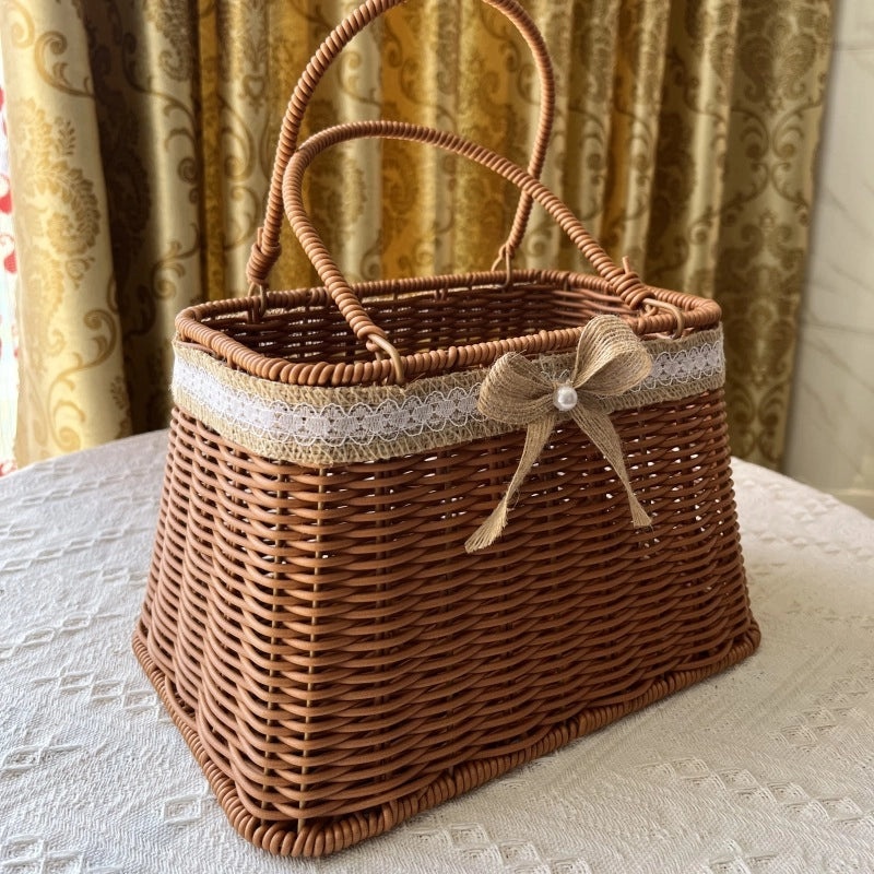 Simple Rustic Solid Color Woven Rattan Storage Basket|Home Storage & Organization