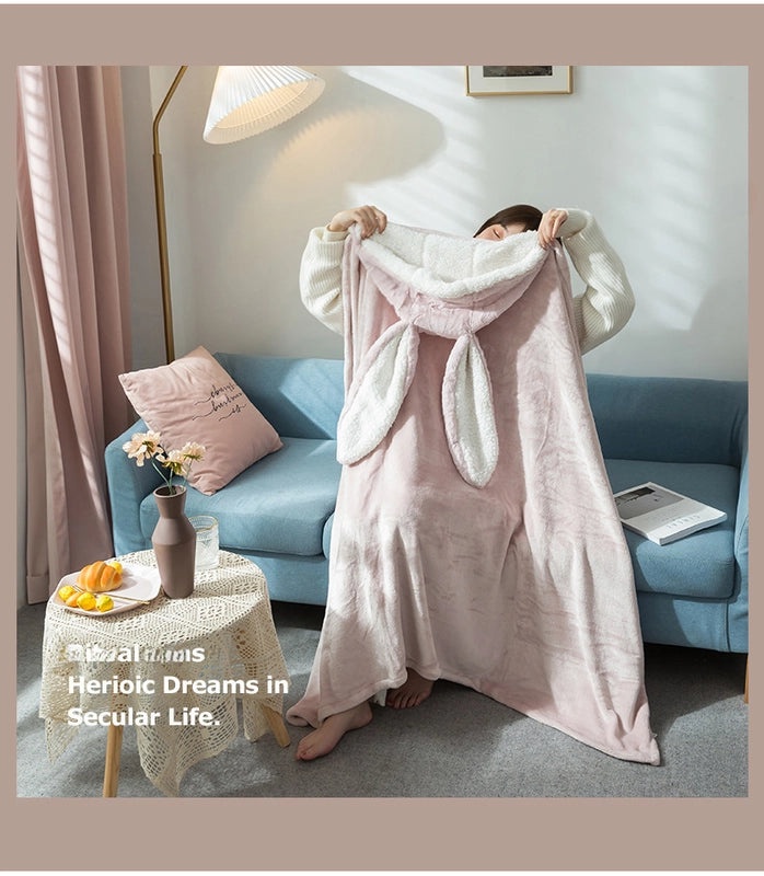 Korean Style Rabbit Ear Hooded Blanket Shawl Soft Cozy Air-conditioning Nap Sofa Wrap for Home|Home Textiles & Blankets