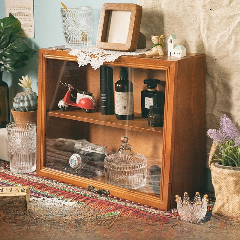 Handmade Vintage Wooden Flip Dustproof Storage Cabinet for Home Study Cosmetic Organizer Toy Display Rack|Home Storage & Organization