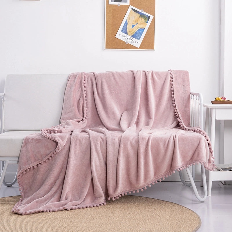 Solid Color Flannel Blanket with Tassel Balls | Home & Living Blankets