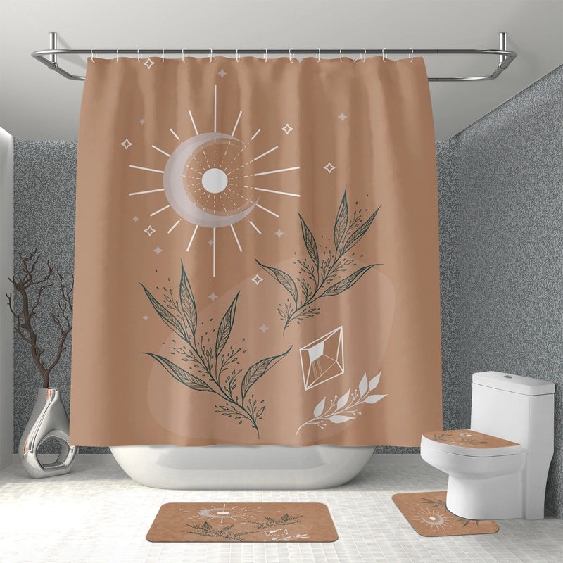 Minimalist Color Block Polyester Shower Curtain with Plant Design|Home Decor & Bath Accessories