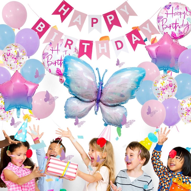 Sweet Birthday Balloons with Star and Butterfly Letters in Aluminum Foil | Party Decorations