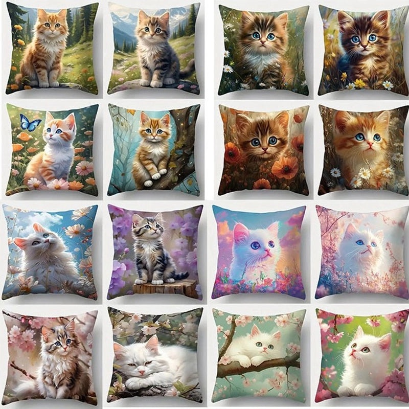 Adorable Cat Print Polyester Pillow Covers for Couch and Sofa Decor|Home Decor & Accessories