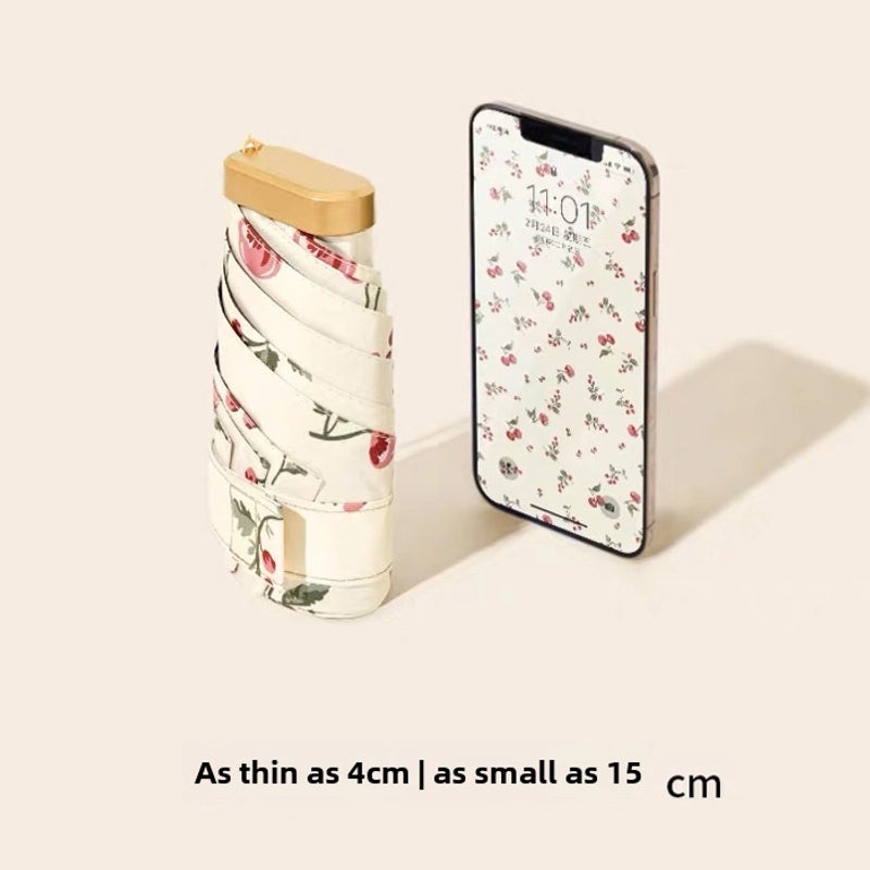Vintage Cherry Print Folding Umbrella 60% UV Protection Dual-use Sun and Rain Shield|Sun Protection Umbrellas