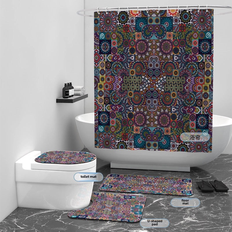 Digital Printed Geometric Round Waterproof Polyester Bathroom Shower Curtain Set of 4 | Home & Bathroom Accessories