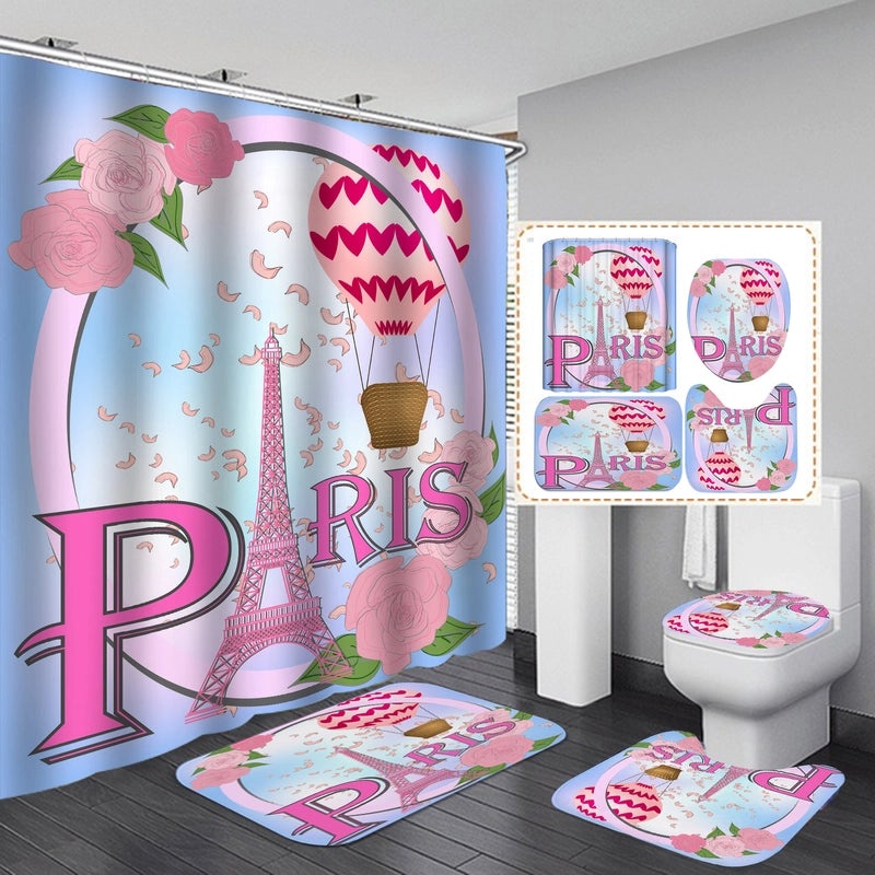 Romantic Eiffel Tower Heart Shower Curtain for Bathroom Polyester Valentine’s Day Decor | Bath & Shower Accessories