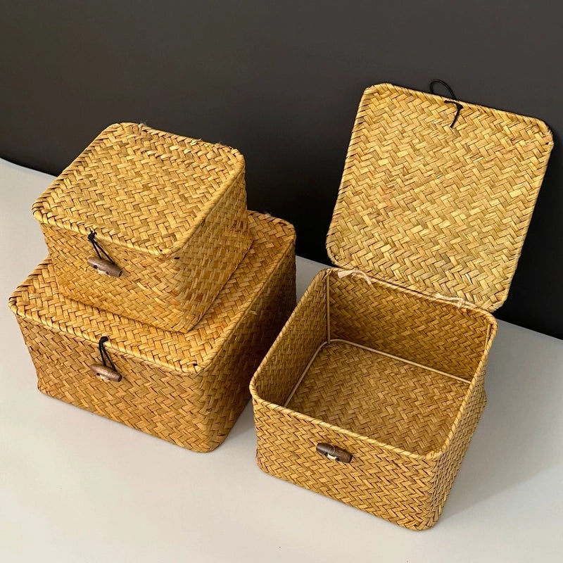 Handmade Blue Straw Rattan Woven Box with Lid Birthday & Wedding Gift Basket|Home Decor & Gift Packaging