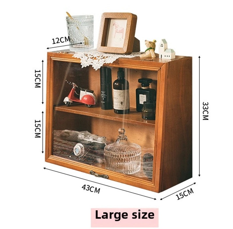 Handmade Vintage Wooden Flip Dustproof Storage Cabinet for Home Study Cosmetic Organizer Toy Display Rack|Home Storage & Organization