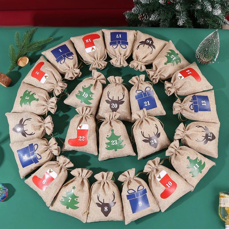 Colorful Christmas Linen Drawstring Gift Bags Cartoon Candy Pouch Set 24pcs | Holiday Gift Bags