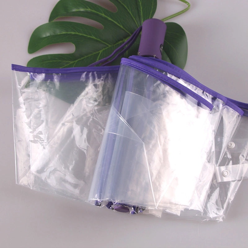 Transparent Folding Umbrella Full Automatic Clear Rain Umbrella Custom Logo Print Promotional Supplies|Umbrellas & Rain Gear