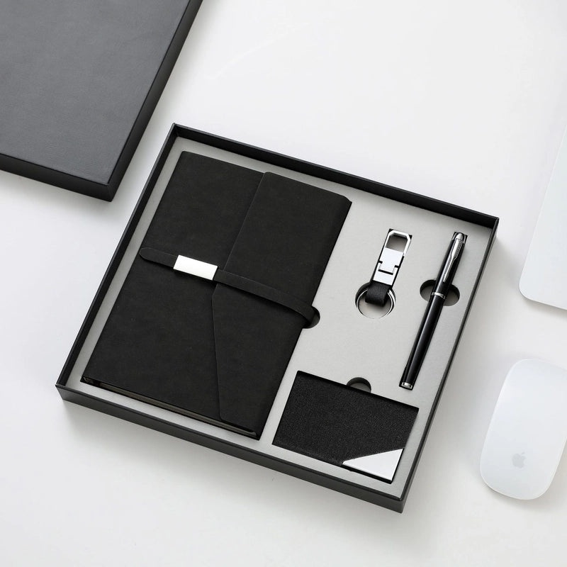 Business Notebook and Name Card Clip Keychain Set with Logo Printed Buckle Notepad Four-piece Office Gift Box | Office Stationery