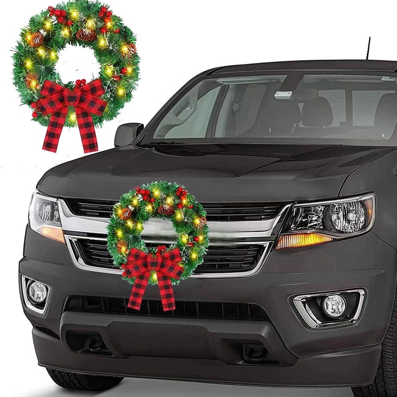 Christmas Car Wreath with Lights 28cm PVC Holiday Decoration Pendant|Car Accessories