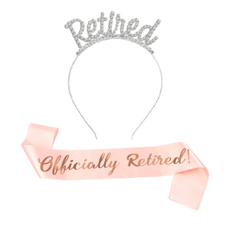 Retirement Party Hair Band and Shoulder Strap Set Pink I'm Retired Etiquette Belt with Retirement Crown|Party Accessories