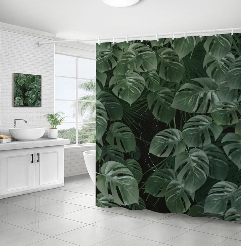 Waterproof Tropical Jungle Leaf Shower Curtain with Hooks 3D Printed Polyester for Bathroom|Shower Curtains & Accessories