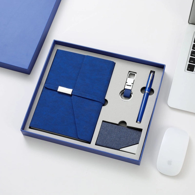 Business Notebook and Name Card Clip Keychain Set with Logo Printed Buckle Notepad Four-piece Office Gift Box | Office Stationery
