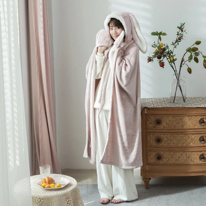 Korean Style Rabbit Ear Hooded Blanket Shawl Soft Cozy Air-conditioning Nap Sofa Wrap for Home|Home Textiles & Blankets