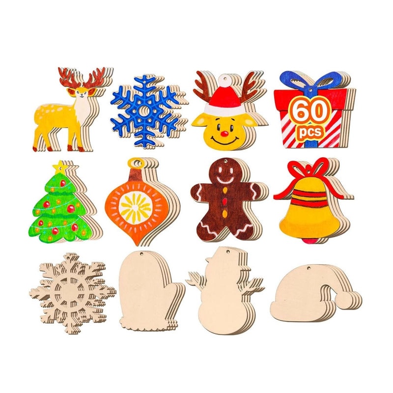 Christmas DIY Wooden Decorations Set Unfinished Snowman Reindeer Snowflake Tree Pendant | Holiday Crafts & DIY Supplies
