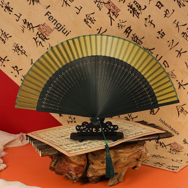 Ancient Style Summer Folding Fan Gradient Yellow Bamboo Silk Cloth Chinese Fan for Men and Women|Accessories & Jewelry