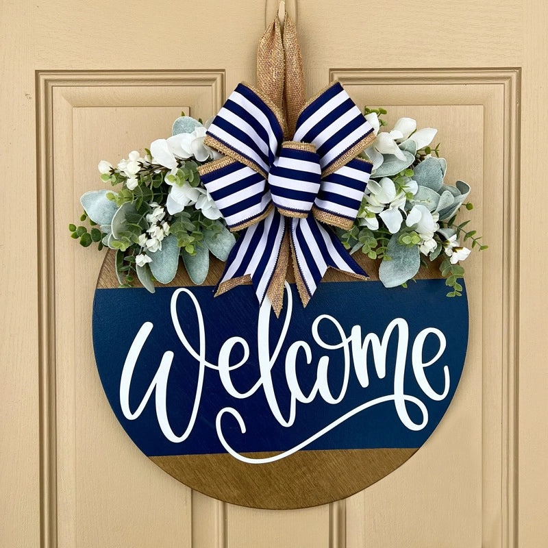 Year-Round Wooden Letter Wreath with Green Bow and Aquatic Plants | Home Decor & Door Hangings