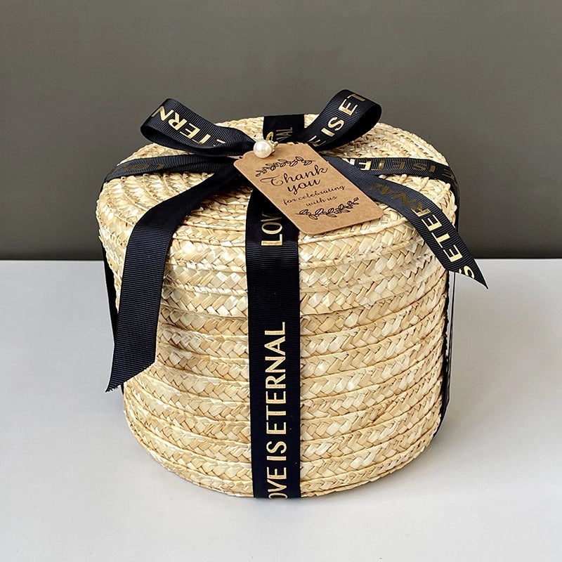 Handmade Round Straw Box with Lid | Rattan Gift Box for Wedding, Storage, Baking | Woven Hug Bucket | Home Decor Accessories|Storage Containers