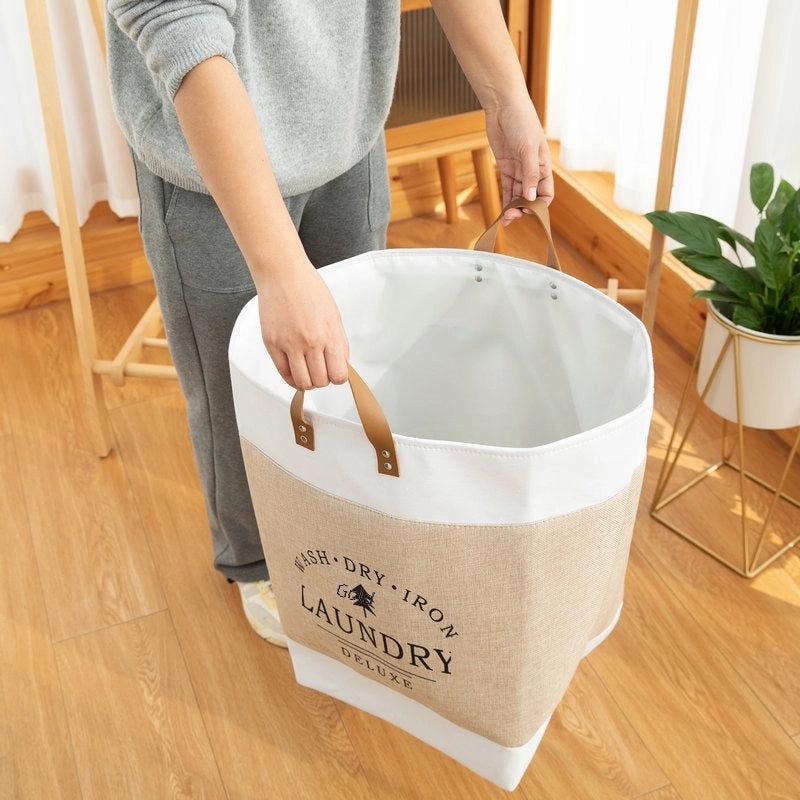 Thickened PU Handle Laundry Basket Large Cotton Linen Storage Box for Clothes Toys and Sundries|Home Storage & Organization