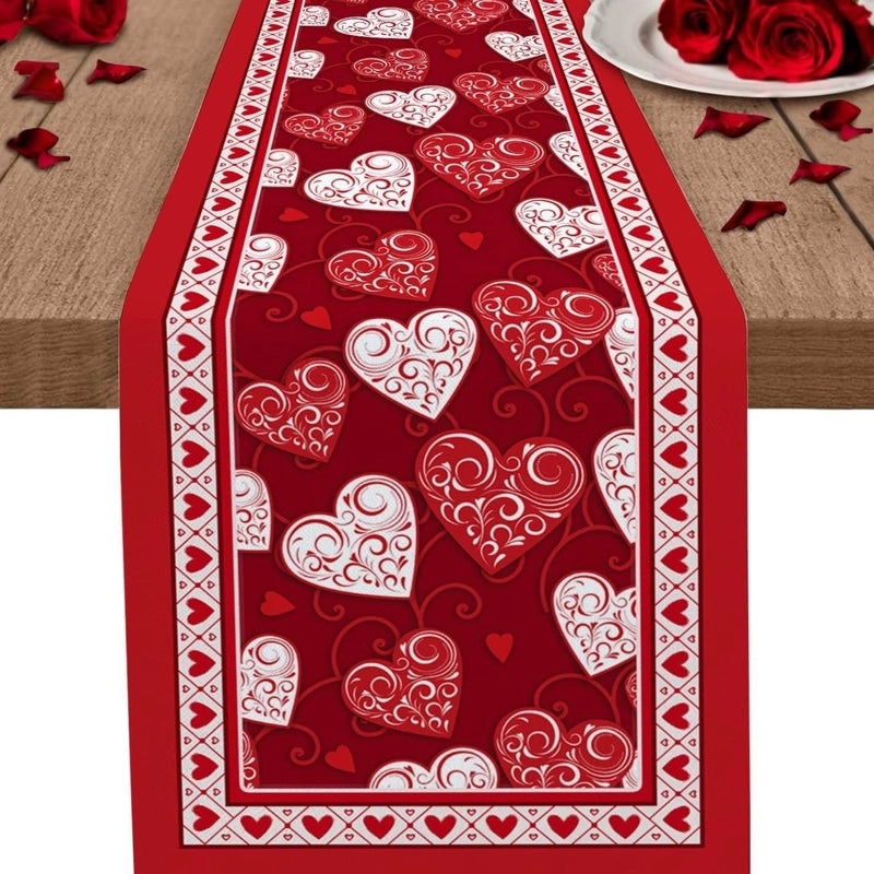 Romantic Heart Shape Rose Linen Table Runner for Valentine’s Day | Home Decor/Table Linens