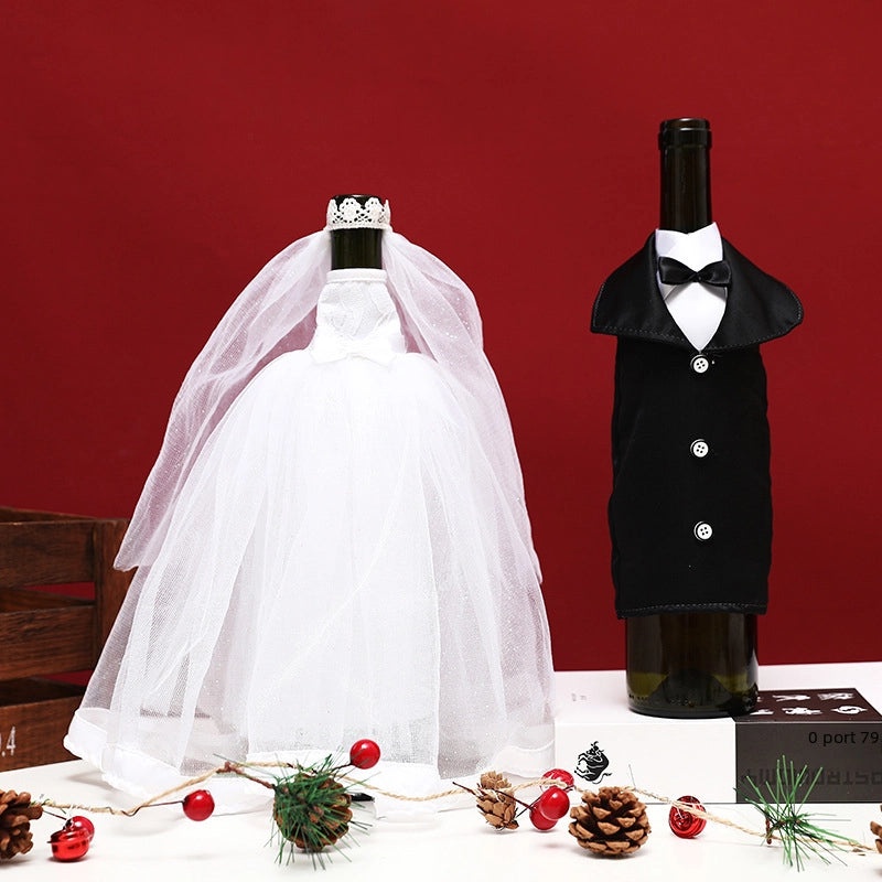 Christmas Red Wine Bottle Decor Set with White Yarn Dress for Wedding Restaurant Bar Holiday Home Supplies|Home Decor
