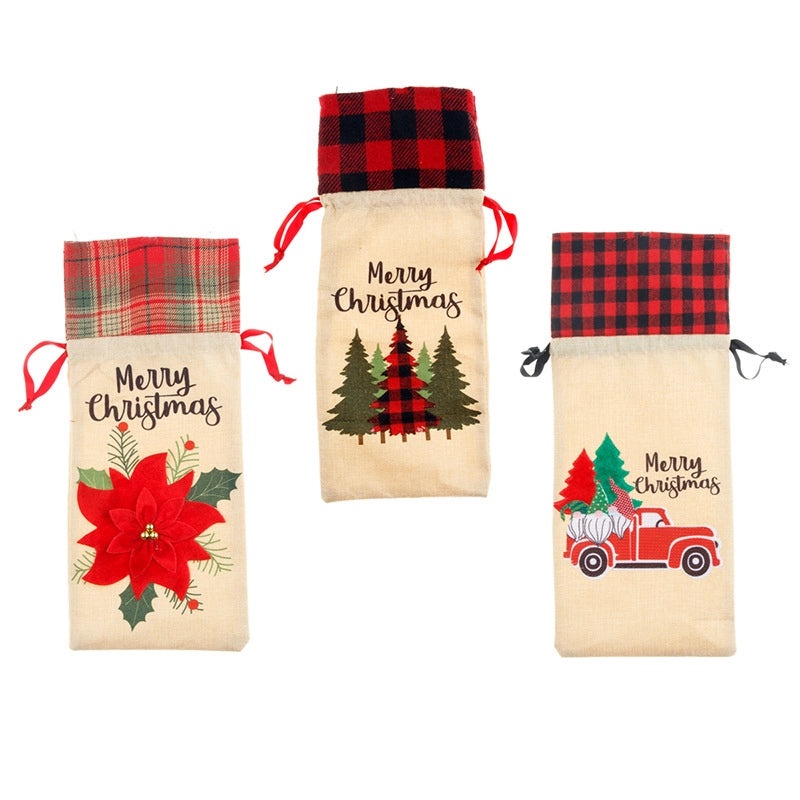 Christmas Wine Bottle Cover Linen Plaid Bag Holiday Home Decor Festive Family Atmosphere | Home Decorations