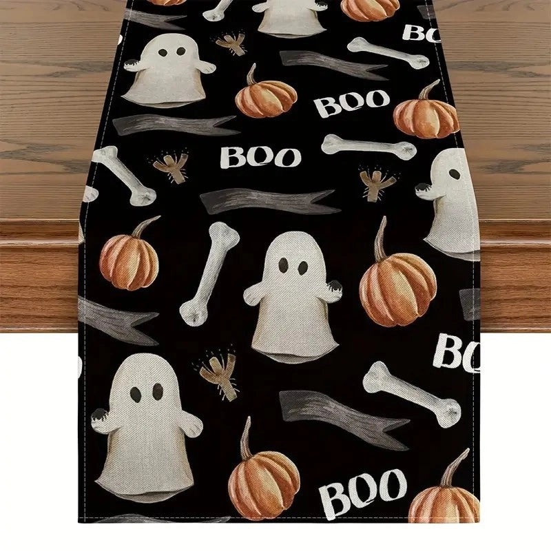 Halloween Linen Table Runner with Minimalist Pumpkin and Letter Ghost Design|Home Decor Table Linens