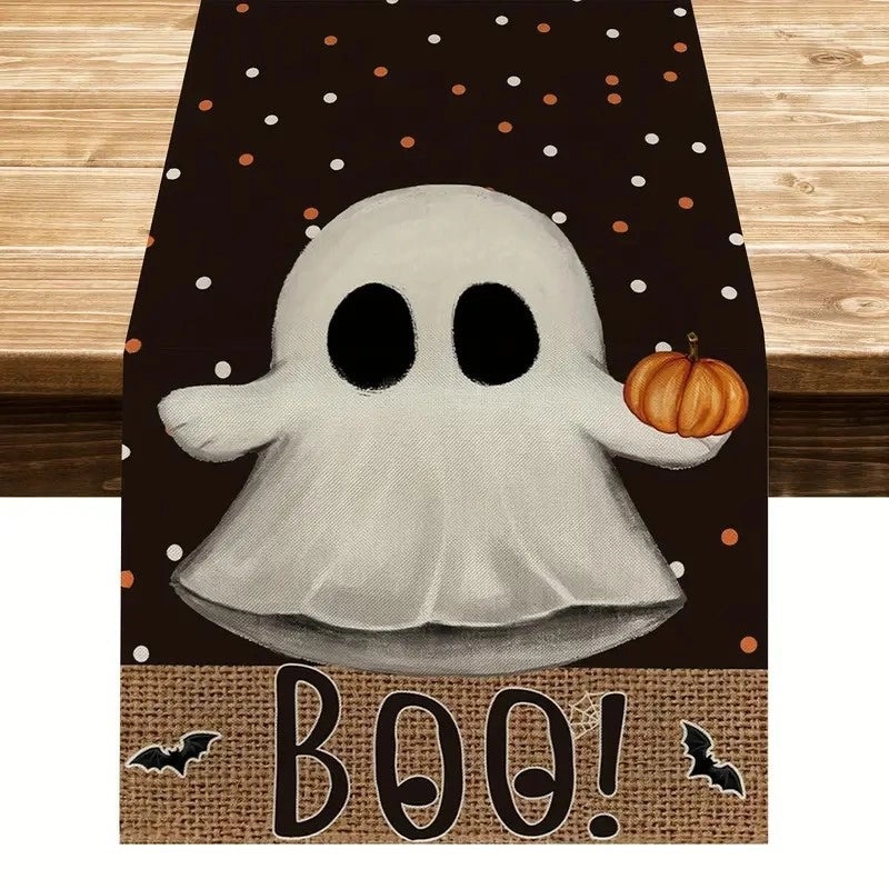 Halloween Linen Table Runner with Minimalist Pumpkin and Letter Ghost Design|Home Decor Table Linens