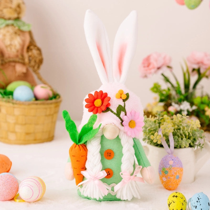 Easter Rabbit Doll with Fresh Flower Hat Holding Radish - Office & Home Decoration | Seasonal Decor