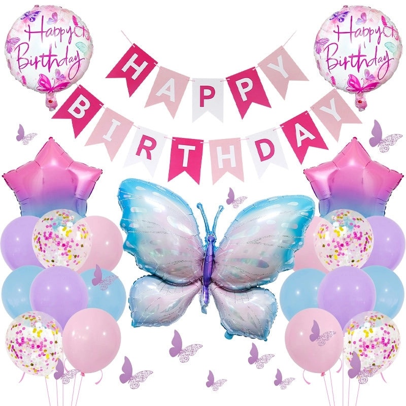 Sweet Birthday Balloons with Star and Butterfly Letters in Aluminum Foil | Party Decorations